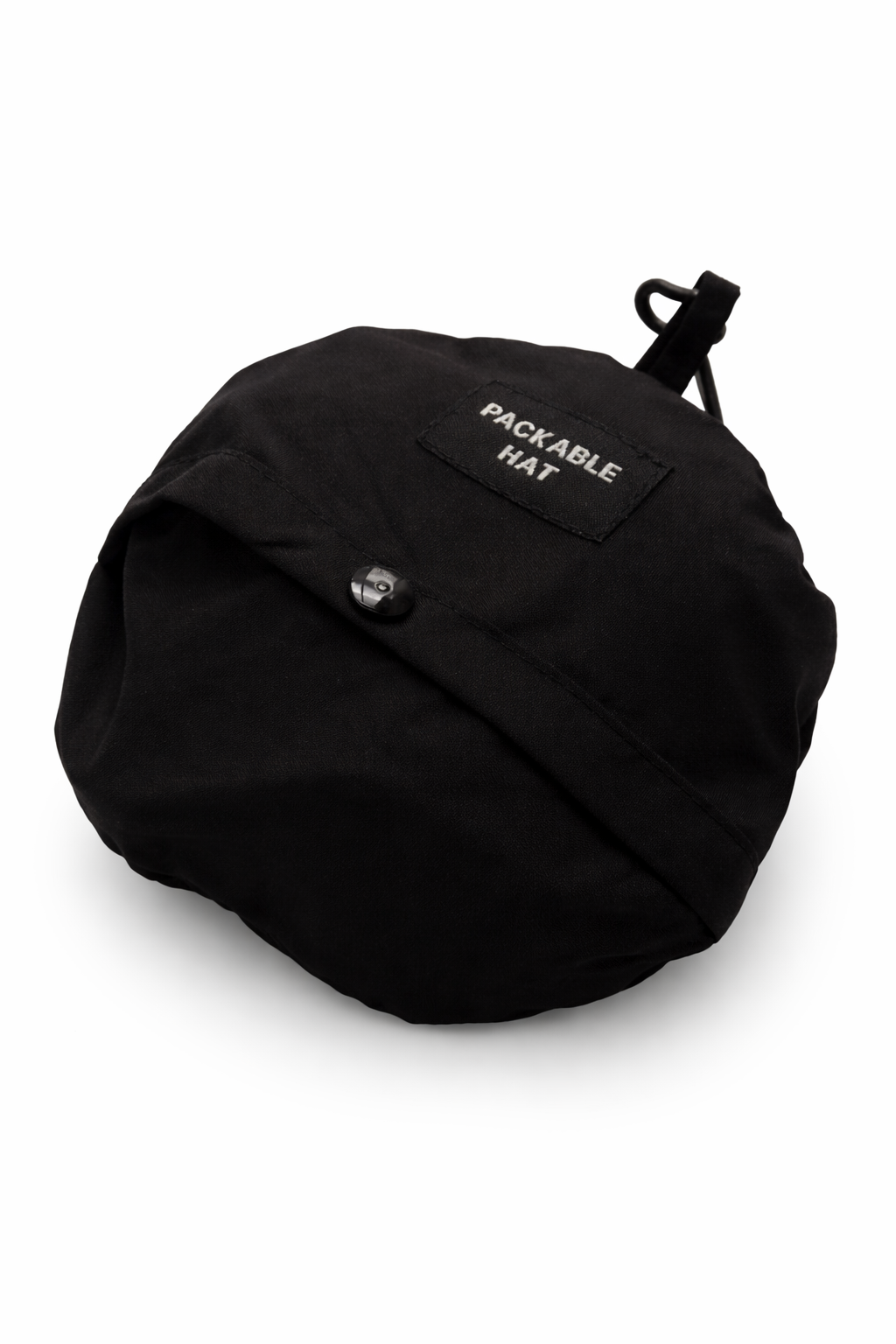 Black packable hat on a white background