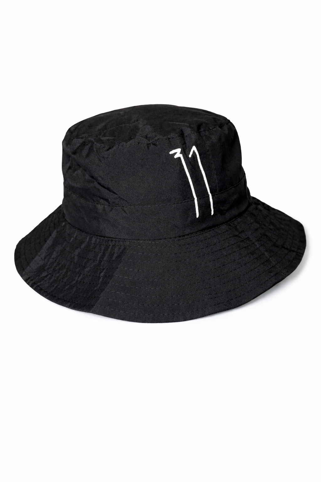 Black bucket hat with a white logo on a white background